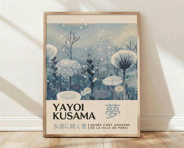 The image is a framed poster featuring a whimsical, nature-inspired design with various flowers and plants.