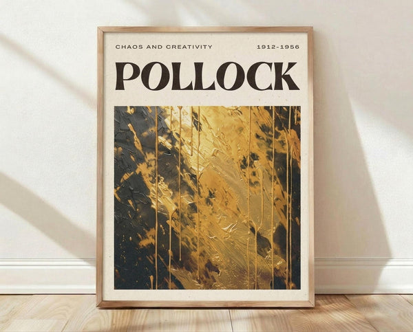 The image is a framed poster with a textured abstract painting in gold and black colors.