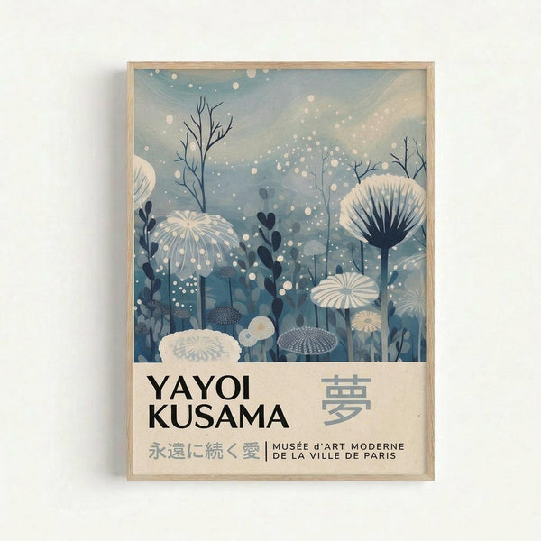The image is a framed poster featuring a whimsical, nature-inspired illustration with various flowers, plants, and other elements. The poster has a vintage or artistic style, and the text includes the name "YAYOI KUSAMA" and the phrase "MUSÉ ZART MODERNE DE LA VILLE DE PARIS", which translates to "Yayoi Kusama Museum of Modern Art Paris".
