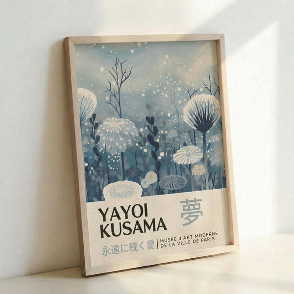 The image is a framed poster featuring a whimsical, nature-inspired design with various flowers and plants. The poster is titled "YAYOI KUSAMA" and includes text in both English and Chinese, indicating the artist's name and the location of the artwork.