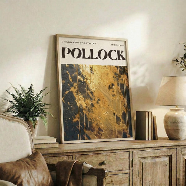 a framed poster of a painting titled "POLOCK" displayed on a wooden cabinet in a living room setting.