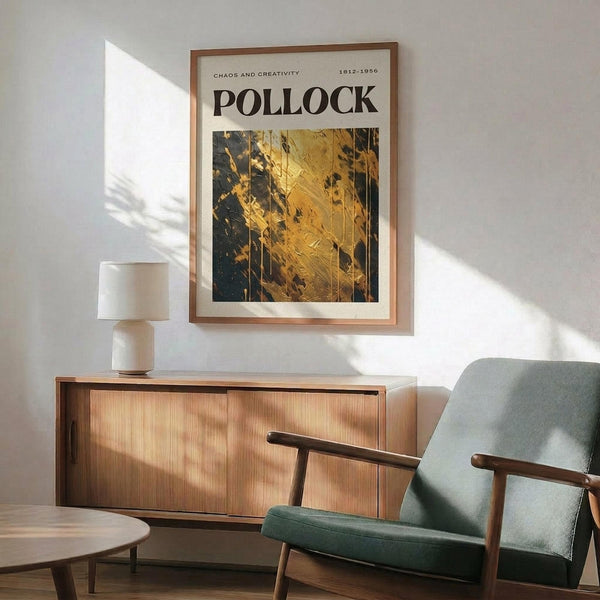 a living room with a wooden cabinet, a green armchair, and a wooden coffee table. Above the cabinet, there is a framed poster with the text "POLLOCK" and "Chaos and Creativity" written on it.