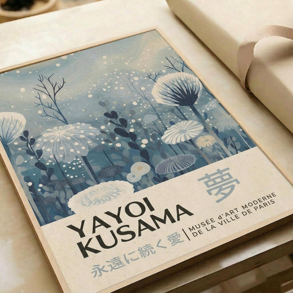The image is a framed poster or artwork featuring a floral design with various flowers and plants. The text on the poster includes "YAYOI KUSAMA" and "MUSEÉE D'ART MODERNE DE LA VILLE DE PARIS", indicating that the artwork is from the Yayoi Kusama exhibition at the Musée d'Art Moderne in Paris.