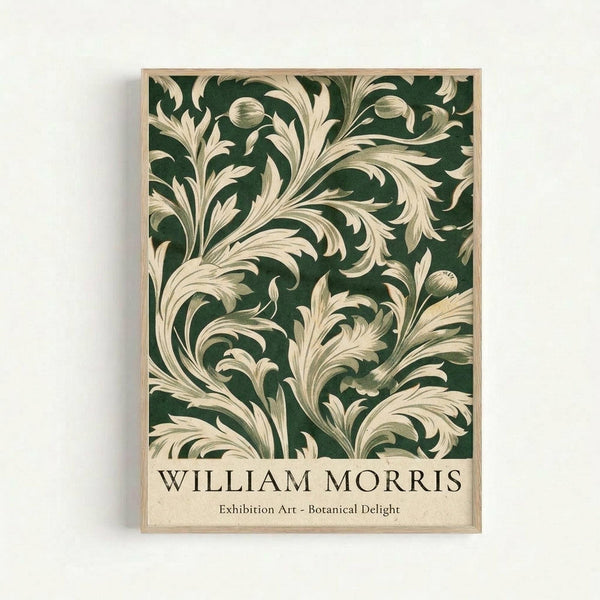 A framed poster featuring a decorative floral pattern in shades of green and beige.