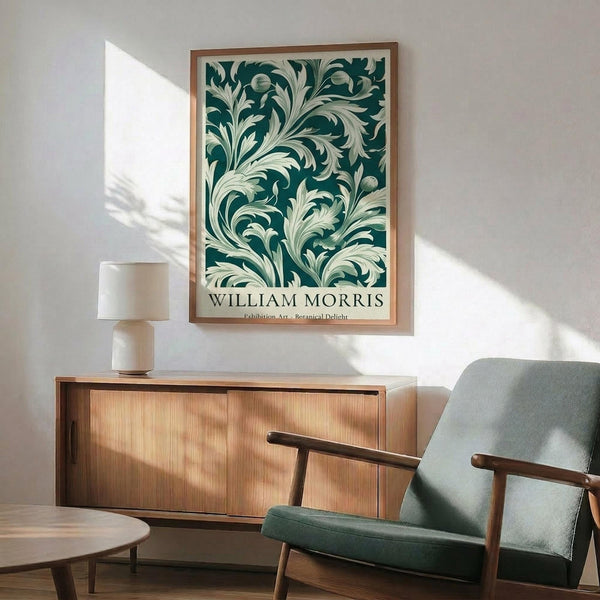 a living room with a large framed poster of a floral pattern hanging on the wall above a wooden cabinet. The poster is titled "William Morris" and is a reproduction of a botanical design. The room has a green armchair and a wooden coffee table, creating a cozy and inviting atmosphere.