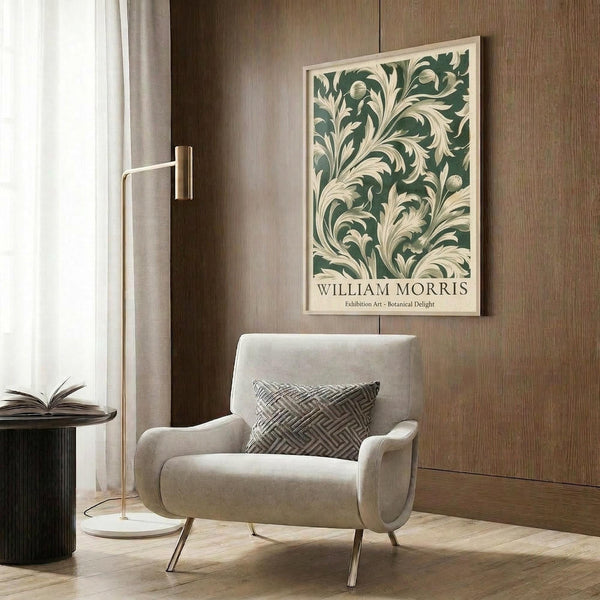 a modern living room with a white armchair, a floor lamp, and a framed poster of a floral pattern on the wall.