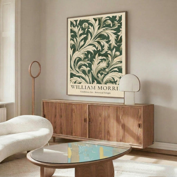 a living room with a large framed poster of a floral pattern on the wall above a wooden cabinet. The poster is titled "William Morris" and "Exhibition Art - Botanical Delight". The room has a white sofa, a glass coffee table, and a lamp on a side table.