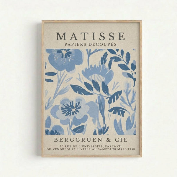 The image is a framed poster featuring a blue floral pattern with the text "MATISSE PAPiers DÉCOUPE" and "BERGGRUEN & CIE" printed on it.
