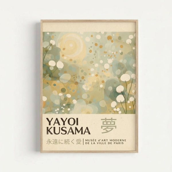 The image is a framed poster featuring an abstract floral design with a circular pattern and various shades of green and yellow. The text on the poster includes the name "YAYOI KUSAMA" and the phrase "MUSEÉ D'ART MODERNE DE LA VILLE DE PARIS", indicating that the poster is a piece of art from the Museum of Art Moderne in Paris.