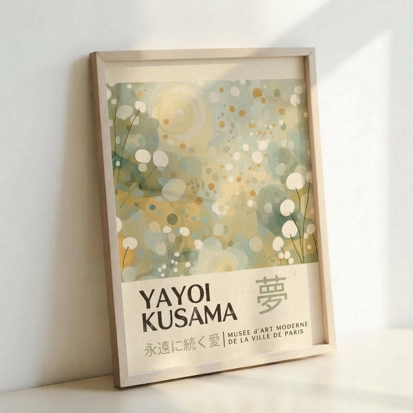The image is a framed poster or artwork featuring a colorful abstract design with a floral pattern and the text "YAYOI KUSAMA" and "MUSEÉD'J'ART MODÉRÉE DE LA VILLE AT PARIS" on it.