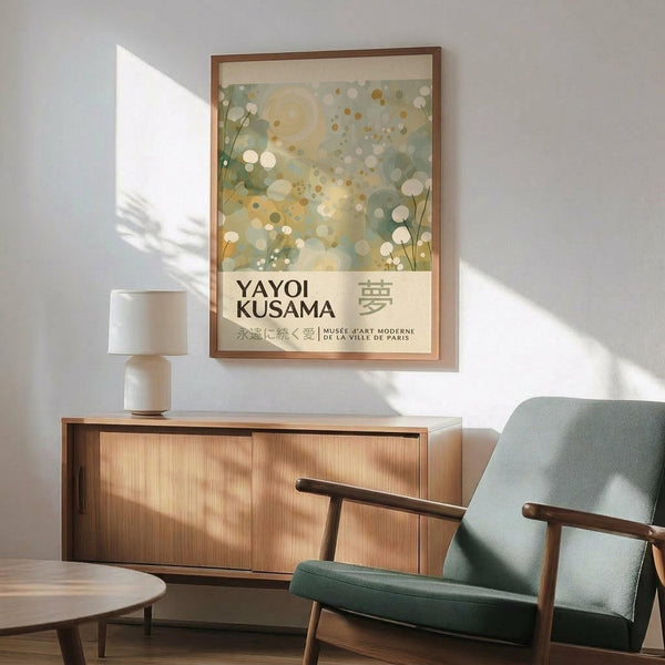 a living room with a wooden cabinet, a green armchair, and a wooden table. Above the cabinet, there is a framed poster with a floral design and text in Japanese.