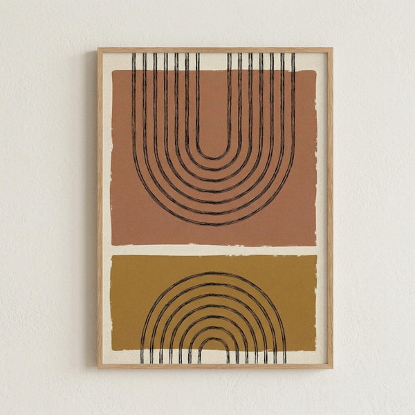 May include: Framed geometric art print hanging on white textured wall. Light wood frame contains abstract artwork with two color blocks - terracotta orange top section and mustard yellow bottom section. Black line drawings create concentric arches and semicircles that mirror each other, with vertical lines extending upward from top arch and downward from bottom arch. Modern minimalist wall decor in earth tone colors.