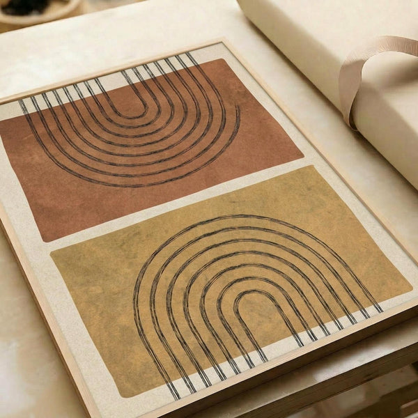 May include: Two abstract arch prints displayed in light wooden frames on a neutral surface. The top print features a terracotta background with concentric arched lines, while the bottom print shows similar arched forms on a mustard yellow background. Both prints have clean geometric lines creating layered rainbow-like shapes in warm earth tones.
