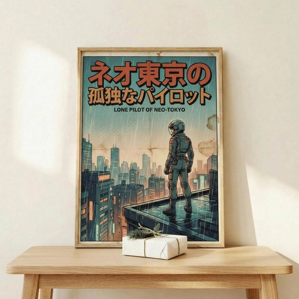May include: Framed poster displaying a retro anime-style illustration of an astronaut in a spacesuit standing on a glass platform overlooking a futuristic cityscape with tall buildings. The artwork features Japanese text at the top and "Lone Pilot of Neo-Tokyo" subtitle, rendered in teal and orange tones with a rainy atmosphere. Natural wood frame sits on a light wooden bench against a white wall, with a small wrapped gift package beside it.