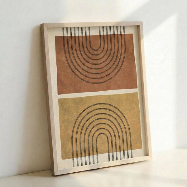 May include: Framed abstract art print featuring two curved arch shapes with concentric line patterns. Top section shows terracotta orange background with dark lines forming an upward arch, bottom section displays mustard yellow background with similar arch pattern extending downward. Natural wood frame sits against white wall corner, casting soft shadows.