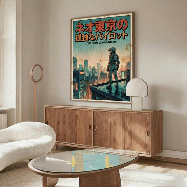 May include: Framed poster featuring a lone figure in futuristic armor standing on a rooftop overlooking a cyberpunk cityscape with Japanese text, displayed above a mid-century modern walnut credenza with sliding doors in a minimalist living room setting with white upholstered chair, glass coffee table, and modern lighting fixtures