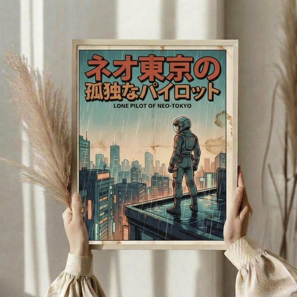 May include: Person in cream sweater holding framed poster print showing astronaut figure standing on rooftop overlooking futuristic city skyline with tall buildings. Artwork features teal and orange color scheme with Japanese text at top and "Lone Pilot of Neo-Tokyo" subtitle. Natural wood frame, person also holding dried pampas grass stems, soft natural lighting from window with white curtains in background.