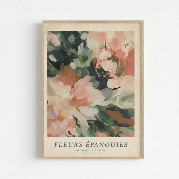 May include: Framed botanical art print with abstract painted flowers in soft pink, coral, green and white brushstrokes mounted in light wood frame, displayed on white wall. The impressionistic floral artwork features loose, expressive paint strokes creating blooming flowers with French text below reading "FLEURS ÉPANOUIES BOTANIQUE PASTEL" on cream colored paper background.