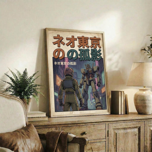 May include: Framed poster displayed on rustic wooden console table in cozy living room setting. Artwork features anime-style illustration of soldier and mech robot in neon-lit cityscape with Japanese text overlay. Scene shows warm lighting, decorative plant, ceramic vase, books, and beige upholstered furniture creating homey atmosphere.