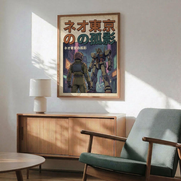 May include: Framed poster showing a soldier in military gear facing a large mech robot in a neon-lit cityscape with Japanese text at top. Print displayed above wooden sideboard with white table lamp in modern living room setting with mint green upholstered chair and round coffee table. Natural lighting creates diagonal shadows on white wall.