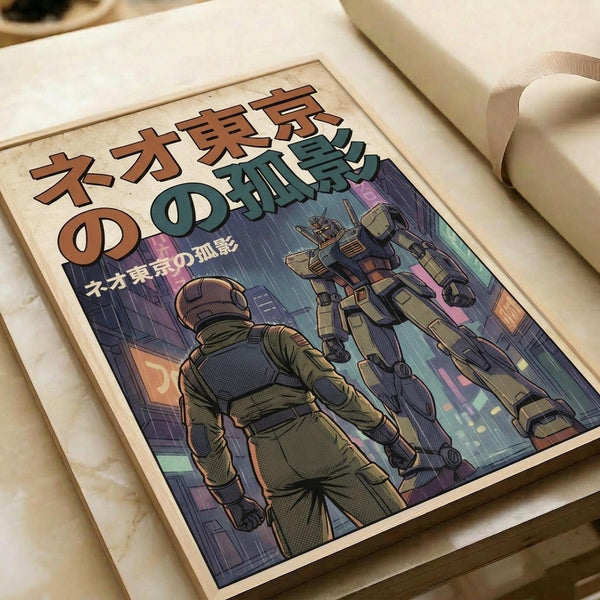 May include: Vintage-style poster print featuring a lone soldier in tactical gear walking through a futuristic cyberpunk cityscape with towering mech robots in the background. The artwork displays a retro anime aesthetic with muted greens, purples, and neon lighting effects against rain-soaked streets. Japanese text appears at the top in brown lettering. The poster is shown as a framed print sitting on white bedding next to rolled paper tubes, demonstrating scale and presentation.