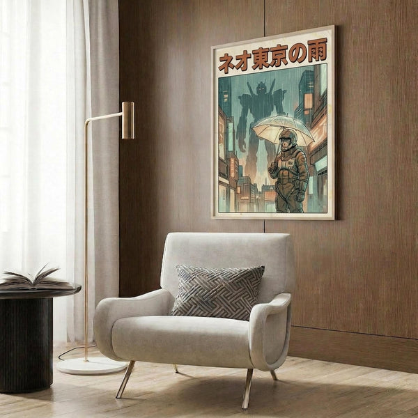 May include: Framed poster print featuring anime-style illustration of a character in brown military gear holding an umbrella in a futuristic rainy cityscape with giant mecha robots and tall buildings in muted green and brown tones, displayed above a beige armchair with geometric patterned pillow against wood-paneled wall, alongside brass floor lamp and dark side table with open book.