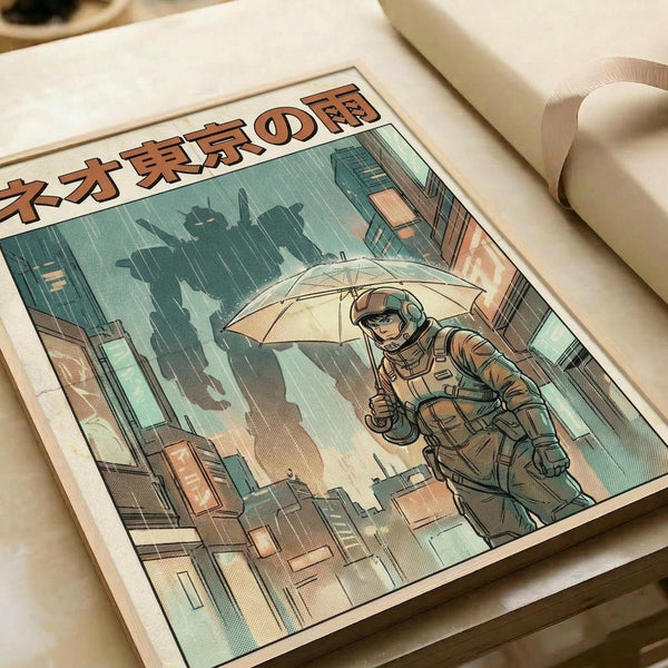 May include: Vintage-style poster print displayed in open book or portfolio showing futuristic cityscape scene. Astronaut figure holds umbrella in rainy urban setting with towering buildings and giant mecha silhouette in background. Artwork features muted green, orange, and brown tones with Japanese text header. Comic book illustration style with detailed linework and atmospheric lighting effects.