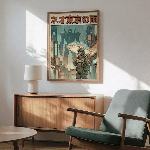 May include: Framed poster showing armored figure with umbrella walking through rainy futuristic city street with giant mecha silhouette looming overhead, Japanese text at top, displayed above wooden sideboard with white ceramic lamp in modern living room with mint green upholstered chair and natural lighting casting shadows on white wall.