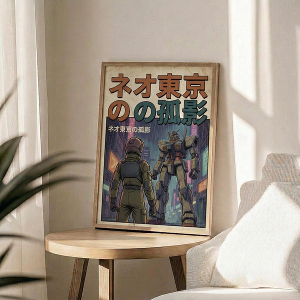 May include: Framed anime-style poster featuring a soldier in military uniform standing next to a large mech robot in a futuristic neon-lit cityscape. The artwork displays Japanese text at the top in orange and teal colors against a purple-blue urban background with glowing lights. The wooden-framed print sits on a light wood round side table next to a beige upholstered chair, with natural sunlight streaming across white walls and a green plant visible in the corner.
