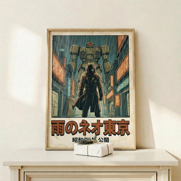 May include: Framed poster displaying retro-style anime artwork featuring a silhouetted figure in a trench coat walking down a rainy city street with a large green mecha robot looming overhead. Japanese text appears at the bottom in orange lettering. The poster has a vintage comic book aesthetic with teal, orange, and green colors. Displayed on a light wood shelf with a small wrapped gift beside it against a white wall.