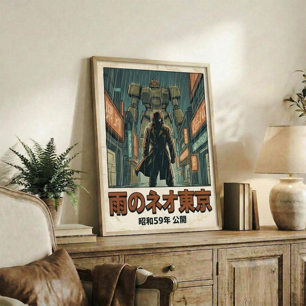 May include: Framed vintage-style Japanese movie poster featuring a silhouetted figure walking through a rainy cyberpunk city street with a large mecha robot looming overhead. The artwork uses muted green and orange tones with detailed urban architecture. The poster sits on a rustic wooden sideboard next to a potted fern, ceramic vase, and books in a cozy living room setting with a beige armchair visible.