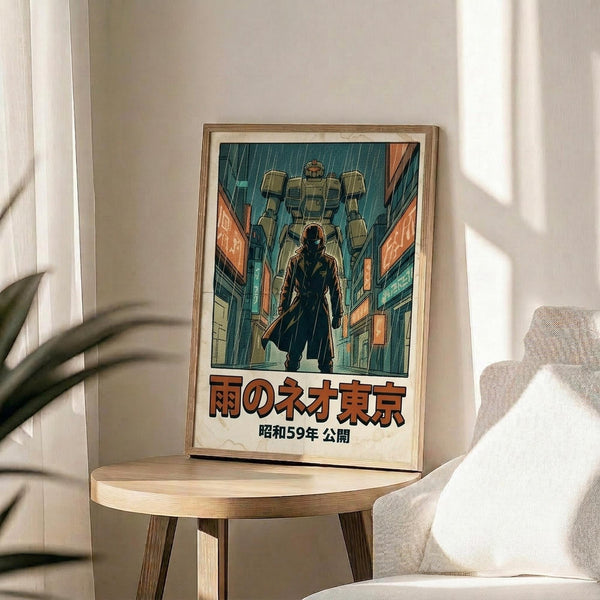 May include: Framed poster displaying anime-style artwork of a silhouetted figure standing in a futuristic city street with a large mecha robot looming overhead, rendered in teal and orange colors with Japanese text below. The wooden-framed print sits on a round wooden side table next to a beige upholstered chair, with natural sunlight casting shadows across white walls and a plant visible in the corner.