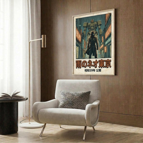 May include: Framed vintage-style poster featuring a silhouetted figure standing before a towering mech robot in a rainy cyberpunk cityscape with neon signs and Japanese text, displayed on wood-paneled wall above cream upholstered armchair with geometric patterned pillow, beside brass floor lamp and small round table with open book
