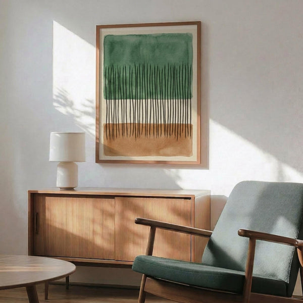 May include: Abstract watercolor artwork with green wash at top flowing into black vertical lines resembling grass or reeds, with warm brown wash at bottom, displayed in light wood frame above mid-century modern walnut credenza with ceramic table lamp, next to sage green upholstered armchair with wooden arms in sunlit room with white walls