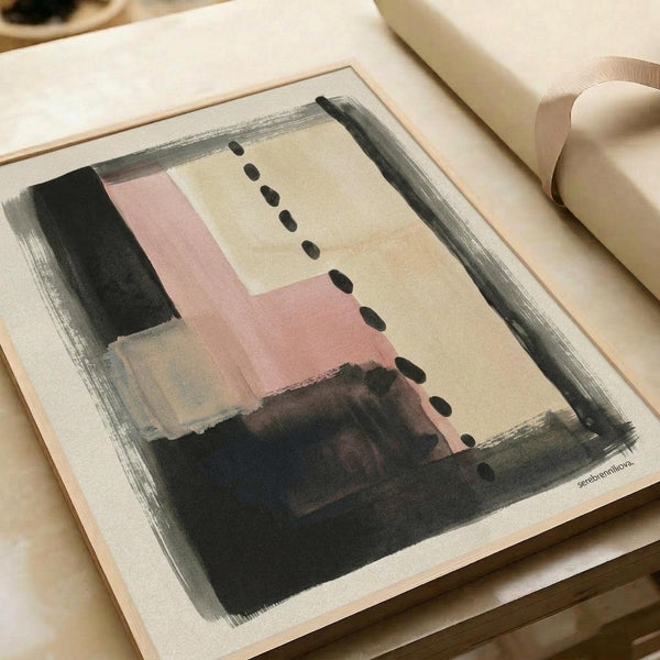 Abstract artwork featuring soft pink and beige geometric shapes with a diagonal line of black dots, surrounded by expressive charcoal brushstrokes creating a dark border. The piece has a modern, minimalist aesthetic with muted tones and painterly textures, shown on cream paper within what appears to be an art book or portfolio.