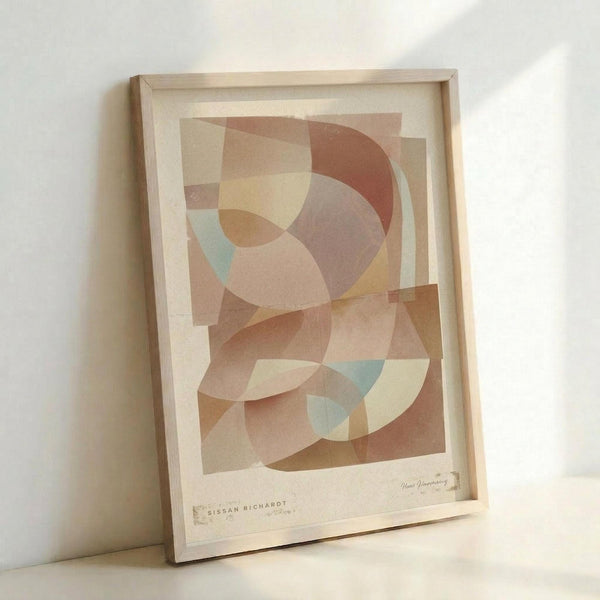 May include: Abstract geometric art print in warm earth tones including terracotta, sage green, cream, and muted orange. Features overlapping curved and angular shapes creating a harmonious composition. Displayed in natural wood frame leaning against white wall corner, showing the full framed artwork with visible artist signature at bottom.