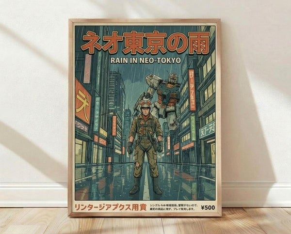 May include: Framed poster print leaning against white wall on wooden floor. Artwork shows anime-style soldier in green military uniform standing on rainy city street with large mech robot behind him. Cyberpunk Neo-Tokyo setting with neon signs, tall buildings, wet pavement reflecting colorful lights. Japanese text at top, pricing information at bottom. Natural wood frame, vintage comic book aesthetic with muted green and orange tones.