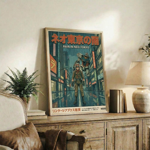 May include: Framed poster displayed on rustic wooden sideboard in cozy living room setting. Artwork features anime-style illustration of soldier character standing on rain-soaked Neo-Tokyo street with mecha robot towering behind, rendered in teal and orange tones with Japanese text. Natural wood frame complements weathered furniture, fern plant, ceramic vase, and cream armchair visible in warm, softly-lit interior space.