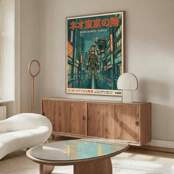 May include: Framed poster with Japanese text and Neo Tokyo title, showing illustrated figure with mech robot on rainy city street with neon signs and tall buildings. Teal and orange color scheme. Displayed above mid-century modern walnut credenza with sliding doors in minimalist living room with white curved chair, round glass coffee table, and modern floor lamp.