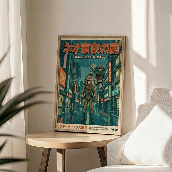 May include: Framed poster displayed on wooden round side table next to beige upholstered chair. Artwork shows anime-style soldier character standing in rainy futuristic city street with tall buildings, neon signs, and Japanese text. Poster has teal and orange color scheme with wooden frame, sitting in bright sunlit room with white curtains and plant shadows visible.