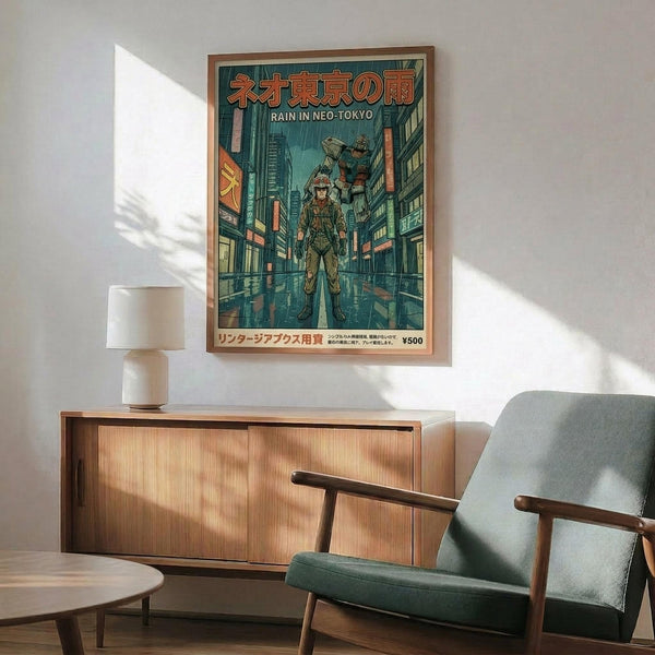 May include: Framed poster displayed above wooden sideboard in modern living room setting. Artwork features anime-style illustration with soldier character and large mech robot on rainy futuristic city street. Poster has Japanese text at top and teal, orange color scheme. Room shows mid-century furniture including sage green armchair with wooden arms, round coffee table, and white ceramic lamp. Natural sunlight streams across white walls.