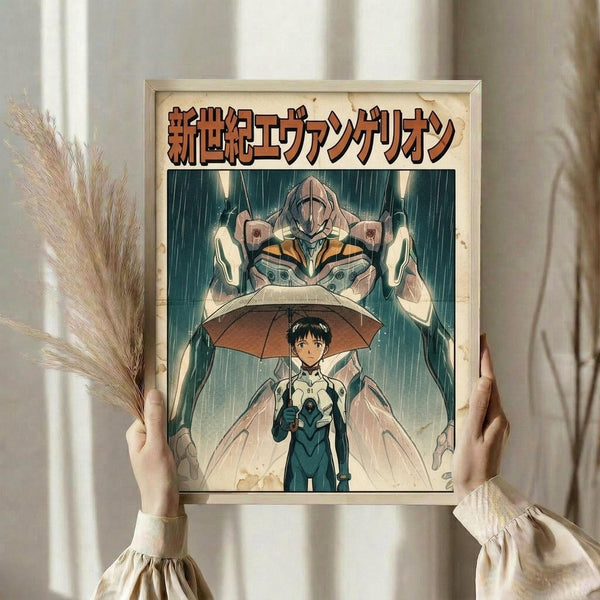 May include: Person in cream sweater holding framed anime poster featuring a young pilot character with umbrella standing before a large mecha robot in rain. Artwork displays Japanese text at top, uses blue-green and orange color palette. Wooden frame shown against white curtained window with dried wheat stalks visible on left side.