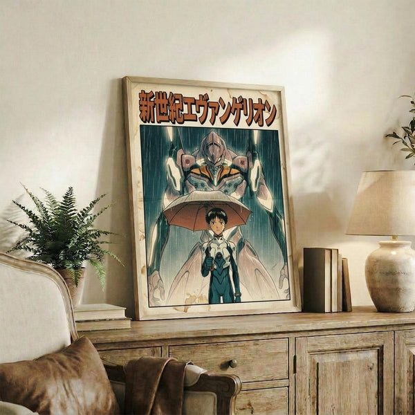 May include: Framed anime poster featuring a young character holding an umbrella in the rain with a large mecha robot looming behind them, displayed on a rustic wooden sideboard alongside potted fern, ceramic vase, and stacked books in a cozy living room setting with beige armchair