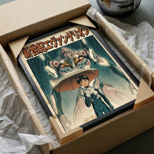 May include: Framed anime poster in cardboard shipping box with protective wrapping. Artwork shows character with umbrella in rain scene with large mecha robot in background, rendered in teal and orange tones with Japanese text at top. Frame appears black, nestled in brown packaging materials on white fabric surface.