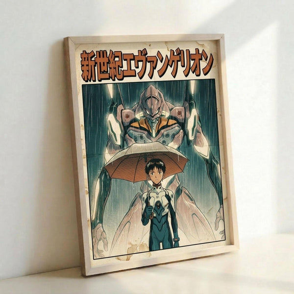 May include: Framed anime poster print leaning against white wall showing two characters in rain scene. Large mecha robot looms behind smaller figure holding umbrella. Japanese text at top in orange letters. Artwork features teal and orange color scheme with dramatic lighting effects. Natural wood frame surrounds the print.