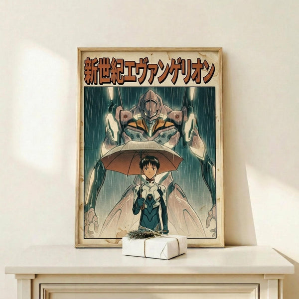 May include: Framed anime poster displayed on light wood shelf against white wall, featuring a young character holding an umbrella in the rain with a large mecha robot looming behind them. Japanese text at top in orange lettering. Small white wrapped gift box sits in front of the natural wood frame. Artwork shows detailed illustration in blues, oranges, and earth tones with dramatic lighting and rain effects.