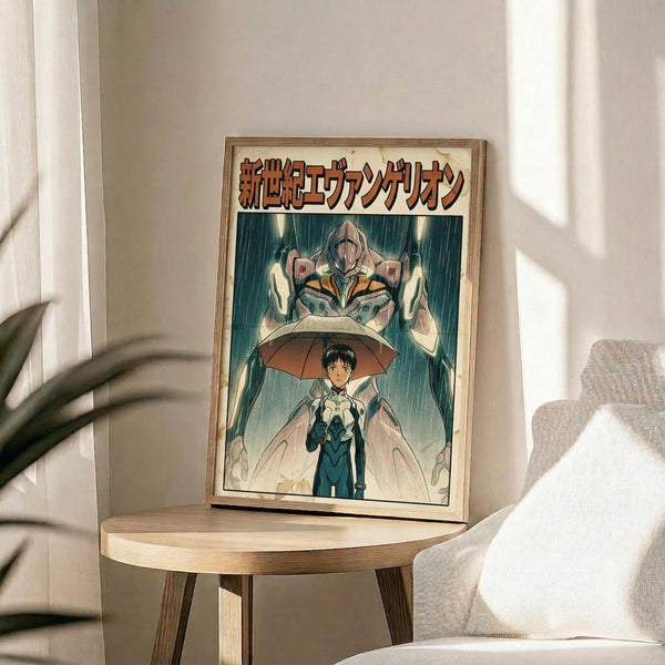 May include: Framed anime poster displayed on round wooden side table next to beige upholstered chair. Artwork shows character in blue suit holding umbrella beneath large mecha in rain, with Japanese text at top. Natural lighting creates soft shadows across cream-colored wall and plant leaves visible at left edge.
