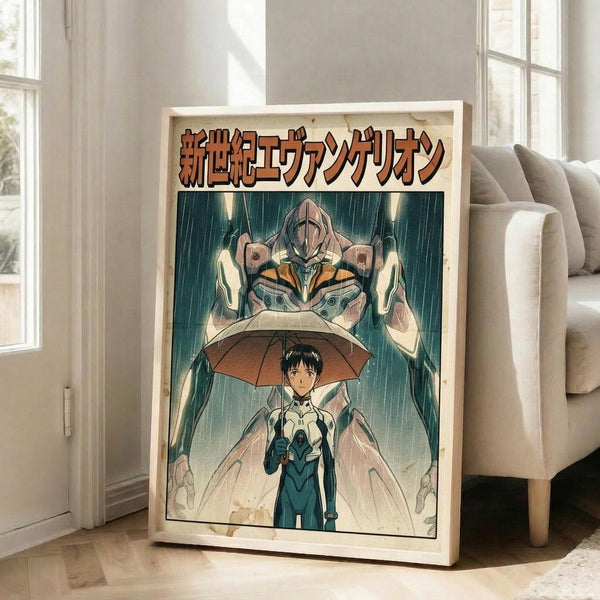 May include: Framed anime poster leaning against white wall in bright living room. Artwork shows young pilot character holding umbrella in rain with large mecha robot behind him. Poster features Japanese text at top, teal and orange color scheme. Light wood frame, positioned next to beige armchair on hardwood floor near windows.