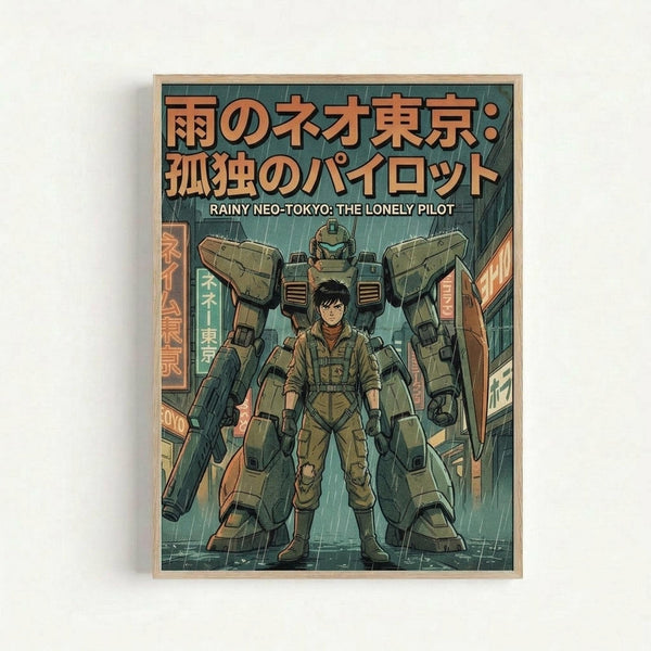 Vintage-style poster artwork featuring a young pilot in military gear standing in front of a large green mech robot on a rainy futuristic city street. The scene shows neon signs with Japanese characters, wet pavement reflecting lights, and a moody teal and orange color palette. The illustration has a retro anime aesthetic with detailed linework and is displayed in a light wooden frame against a white background.