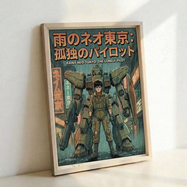 May include: Framed poster print leaning against white wall showing anime-style illustration of pilot in military gear standing in front of large green mech robot. Scene depicts rainy futuristic cityscape with neon signs and Japanese text. Artwork features muted green and orange color palette with cyberpunk aesthetic. Natural wood frame surrounds the print.